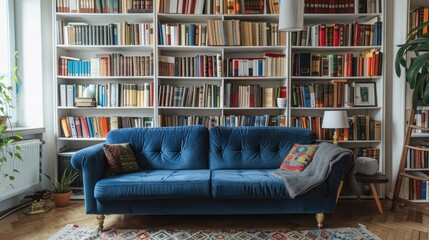 Living room with colorful sofas Surrounded by many books on shelves