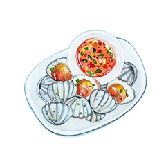 Hand-drawn watercolor illustration. Thai food. Boiled cockles with seafood sauce.