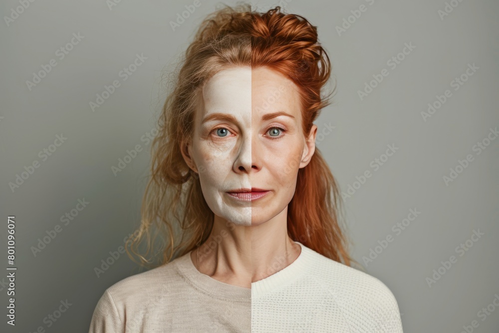 Poster routine color aging in mature skincare merges with age divides, portraying progressive aging splits 
