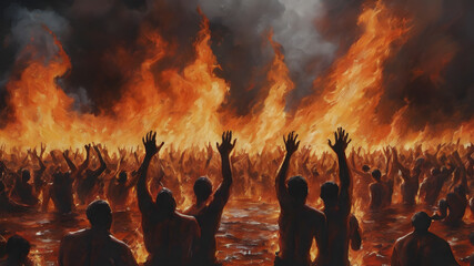 A painting of hell of suffering and eternal damnation. partially submerged screaming men,  AI generated image, ai