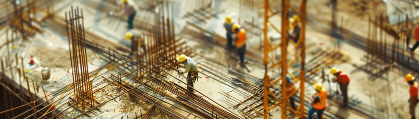Fototapeta premium Construction site in full swing, focus on rebar being methodically arranged by a team, embodying teamwork and precision