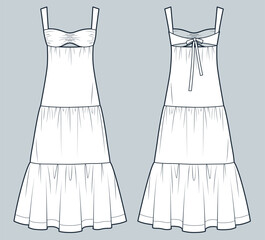 Tiered Dress technical fashion illustration. Bustier Strap Dress fashion flat technical drawing template, maxi, relaxed fit, front and back view, white, women CAD mockup.