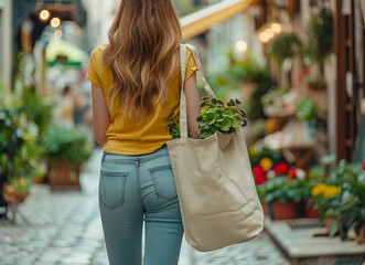Young woman with shopping bag walking on the street