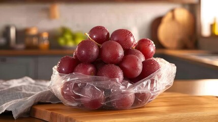 grape in transparant package, kitchen background setting