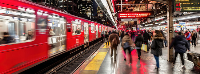 Commuter train: Crowded platform, passengers boarding, train departing, the daily commute.