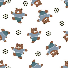 Seamless vector pattern. Cute bear cub in uniform playing soccer. Flat vector illustration in children's style on white background . Vector illustration