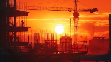 Early morning on a bustling construction site, crane lifting rebar against a sunrise, workers in motion, capturing the essence of progress