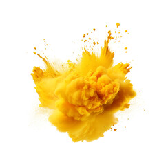 An explosive cloud of bright yellow paint splatters radiating outward, against a stark transparent...