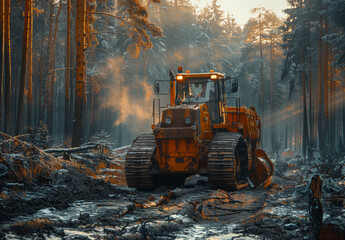 Excavator working in the forest at winter