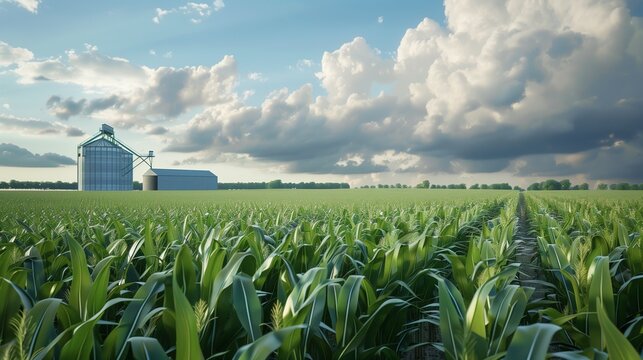 Cornfield in summer with grain storage elevator in background and storm clouds in sky