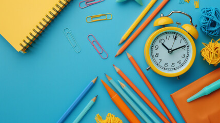 Set of school supplies with alarm clock on color background