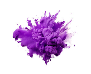 A burst of purple ink cloud erupts in the air, forming an abstract flower shape with dynamic droplets on a pure white background. Generative AI