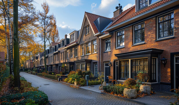 Traditional dutch houses in the autumnal city of Almere Netherlands