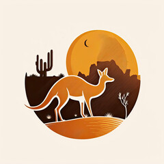 Stylized illustration logo of kangaroo in desert with cacti and rocky formations