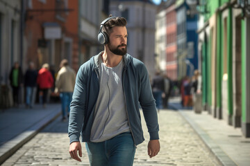 Stylish Man Enjoying Urban Walk on city streets with music on his headphones