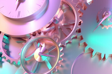 Holographic iridescent metallic gears and cogs, soft neon gradient pastel background