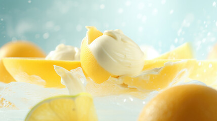 Citrus ice cream with flying fruit slices ingredients, dessert food background