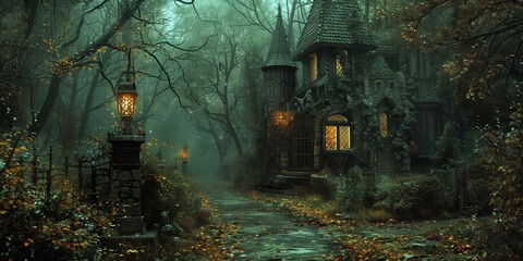 Enchanted forest mansion at twilight
