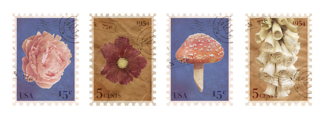 Vintage Nature Postage Stamp Collection. Mushroom, Flowers, and Floral Post Elements. Aesthetic...