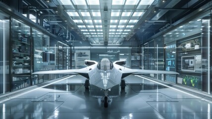 A white jet is sitting in a hangar - obrazy, fototapety, plakaty