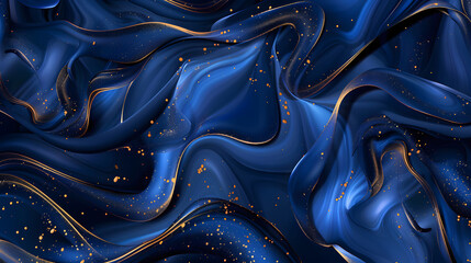 Blue palette liquid ink background with golden streaks. Generative AI.