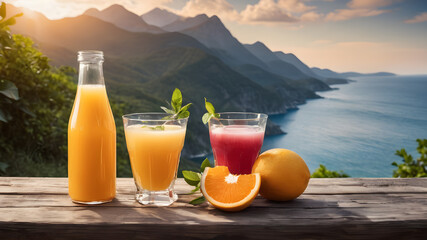Glass bottles of various fruit juices. Glasses of fresh organic vegetable and fruit juices. - obrazy, fototapety, plakaty