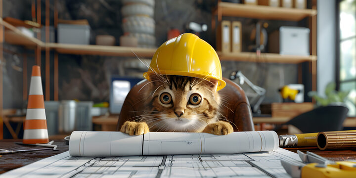  cute kitten in construction safety hat A architect cat considering drawings with an engineer mouse on liber day.
