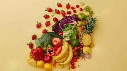 A colorful assortment of fruits and vegetables are spread out on a table