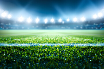 Grass ground of football stadium at night, shallow depth of field