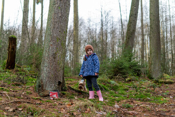 Little girl in the forest with a dog on a leash. Selective focus.