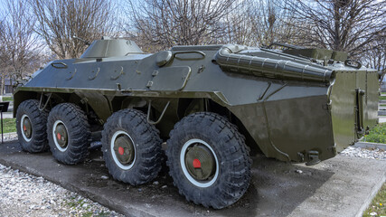 An all-terrain combat wheeled vehicle for the transportation of personnel. A Soviet armored combat vehicle for transporting riflemen and fire support. Russian military equipment.