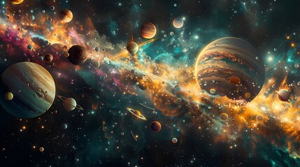 background showcasing a sort of universe, with planets, asteroids, or other astronomical objects