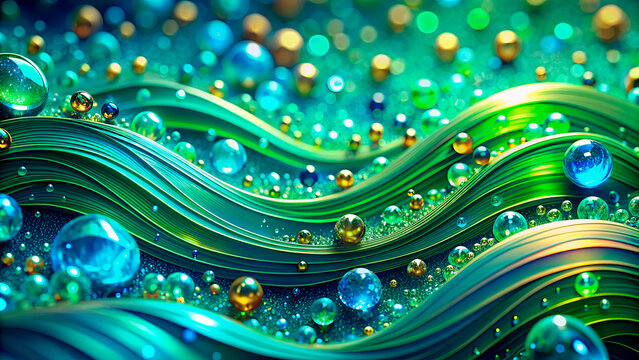 Abstract background with green waves and water droplets