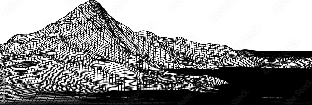 Poster abstract digital landscape with particles dots and stars on horizon. wireframe landscape background.