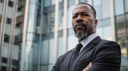 Corporate Confidence: Middle-Aged Black Man Portrait in Front of Luxurious Corporate Building