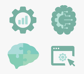 Work, business, artificial intelligence, skill. Brain, network, mind, knowledge. Science, algorithm, computing, software, scientist. Set vector icon