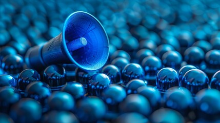 Blue megaphone on blue balls background.