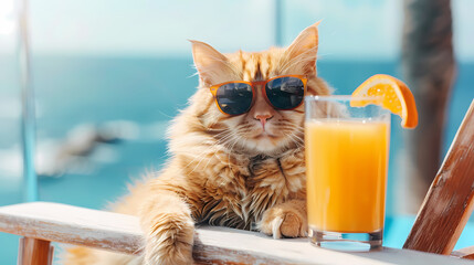 A chill orange tabby cat lounges in a beach chair wearing cool sunglasses with a cocktail and ocean backdrop, embodying ultimate relaxation and vacation vibes	