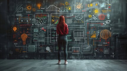 Businesswoman sketching her ideas on the black board.