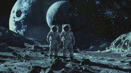 Two astronauts stand on a rocky surface in front of a large moon