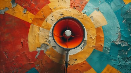 Megaphone on colorful wall background.