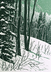 Winter forest trees under snow in retro green colors linocut style illustration