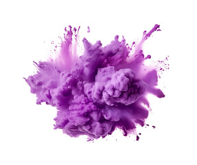 A burst of purple ink cloud erupts in the air, forming an abstract flower shape with dynamic droplets on a pure white background. Generative AI
