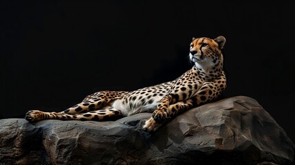 Majestic Rest: Cheetah Lying Gracefully on Rock Against Black Background