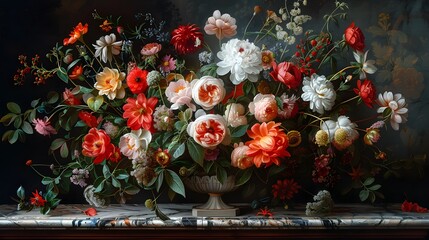 An elaborate Renaissance oil painting of a stunning floral arrangement featuring roses, lilies, and...