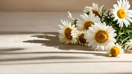 Obraz premium A clean and Elegant aesthetic chamomile daisy flowers border with sunlight shadows on neutral beige background 