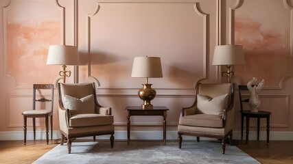 Modern luxury interiors designs. Empty painted wall.dark accent furniture and blank background.Bedroom interior trend 2024 year Modern luxury apricot room interior home designs