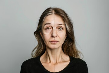Obraz premium Aging storylines in skin merge biological aging signs with narrative contrasts, focusing on hair color treatments and aging awareness.