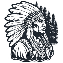 Indian chief wearing a feather headdress, Vector illustration