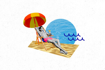 Creative image collage young lying man fit naked torso beach sand seaside resort vacation drawing...